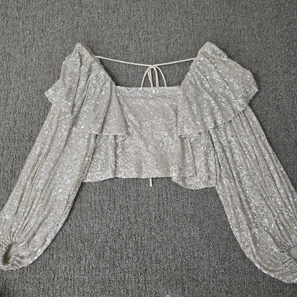 Free People Flowy Sequin Blouse‎ Ruffle Sleeve Open Back Party Top XS